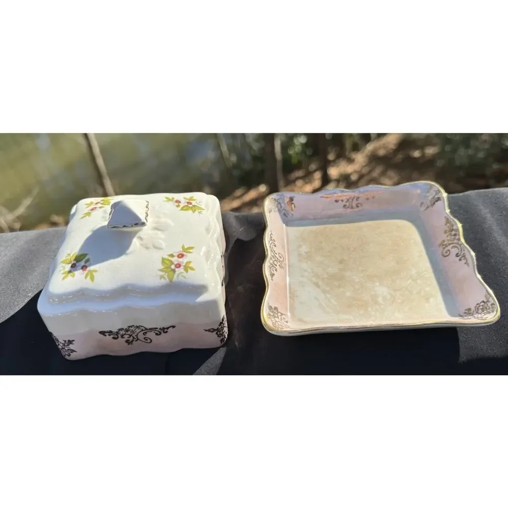 Old Foley James Kent Covered CHEESE or BUTTER DISH Floral w/ Gold Trim Square
